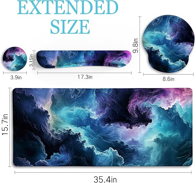 Galaxy Mouse Pad Set Large Desk Matt for Desktop, Ergonomic Mouse Pad with Wrist Rest, Gaming Mousepad Wrist Support Keyboard Mat Cup Coaster Set Cute Office Desk Decor Accessories