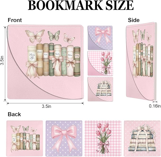 Pink Bow Leather Bookmarks, 4pcs Cute Bows Book Marks, Corner Page Book Marks, Reading Gifts for Women, Teachers, Students, Reading Lovers, Office (Tulips Floral Book Butterfly)