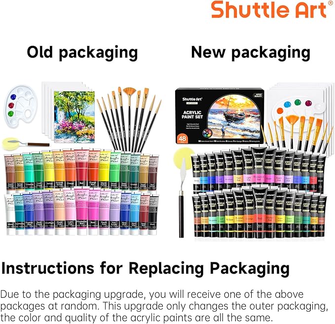 Shuttle Art 48 Pack Acrylic Paint Set, 30 Colors Acrylic Paint (36ml) with 10 Brushes 5 Canvas 1 Paint Knife 1 Palette 1 Art Sponge, Complete Set for Kids, Adults Painting on Canvas Rocks Wood Ceramic