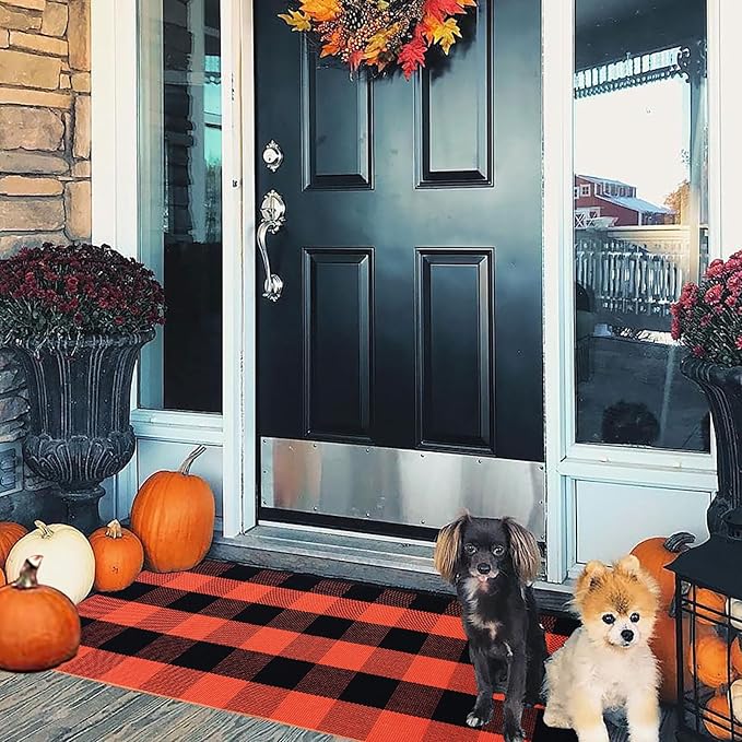 Buffalo Plaid Outdoor Rugs, 2'x4'3'' Orange and Black Checkered Indoor/Outdoor Area Rug, Layering Rug for Hello/Welcome Door Mat, Washable Cotton Woven Farmhouse Mat for Fall Front Porch Décor