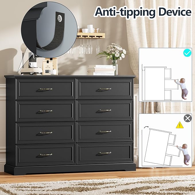 8 Drawer Dresser for Bedroom, 53" Wide Wooden Chest of Drawers, Rustic Farmhouse Dresser with Large Drawers & Metal Handles, Modern Storage Organizer for Closet, Living Room, Hallway, Black