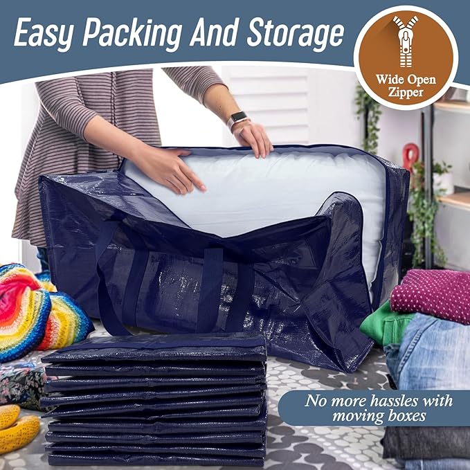 12 Pack Extra Heavy Duty Large Moving Bags with Strong Zipper & Comfortable Handles, Sturdy & Durable Clothes Storage Bags Totes Bins, Packing Moving Boxes for College Supplies, Dark Blue