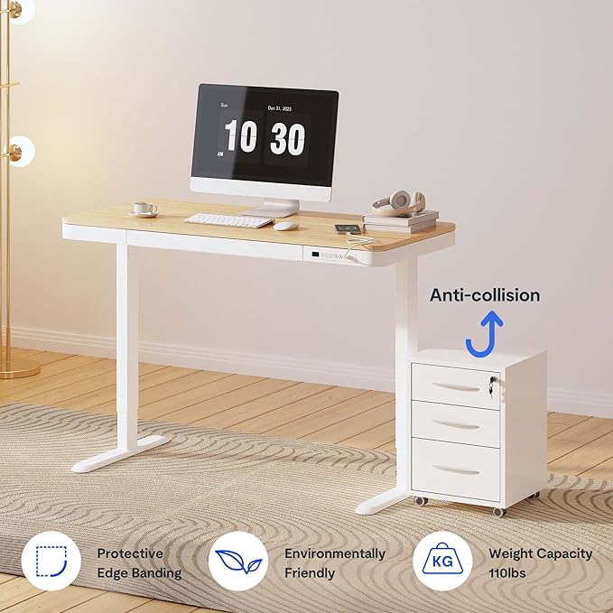 FLEXISPOT Comhar Electric Standing Desk with Drawer Desktop & Adjustable Frame w/USB Charge Ports (Bamboo-Look Laminate/White, Wood)