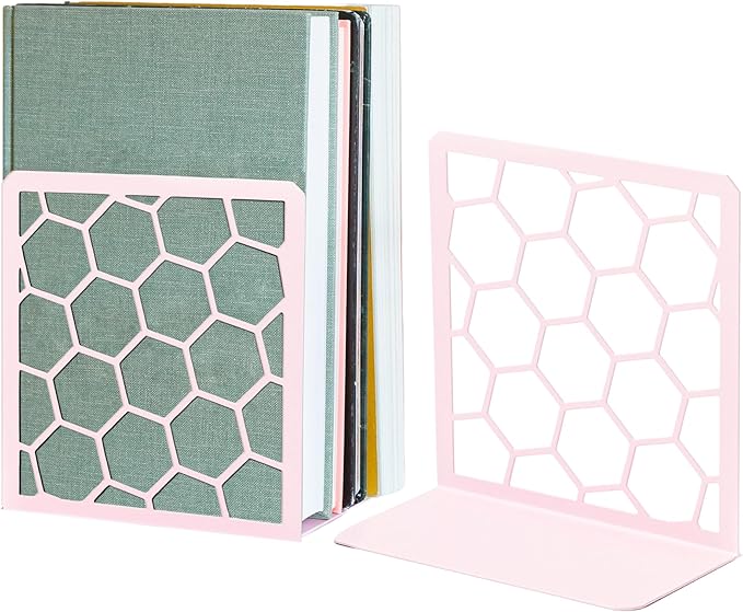 GEOMOD Geometric Honeycomb Pink Metal Bookends Decorative - Tall Sturdy Book Ends for Shelves - Modern Heavy Duty Bookend Stopper - Office or Home Book Shelf Book Holder - 6x3.25x6.25 Inches - 1 Pair