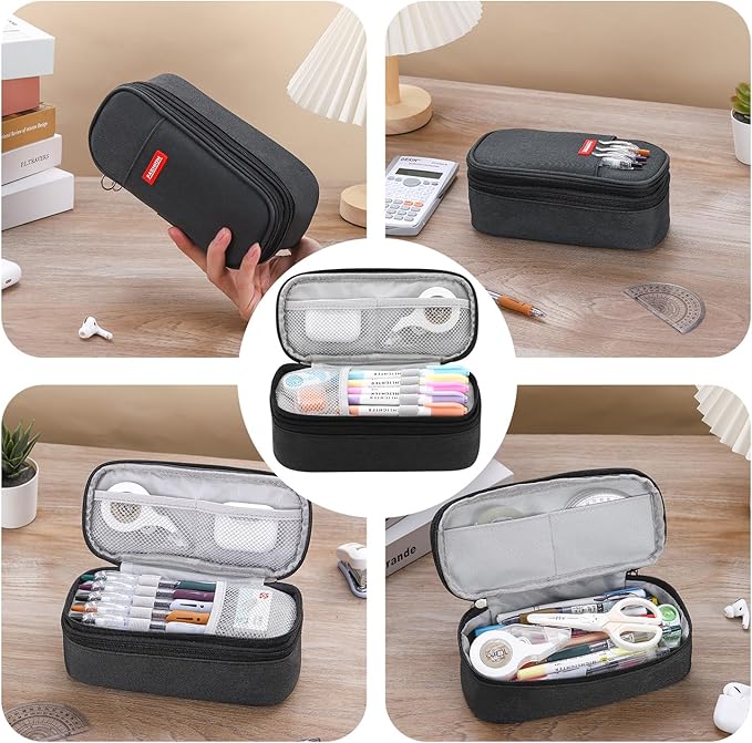 Pencil Case for Boys Kids Teens Adults Big Pencil Bag with Zipper Big Pen Pouch Large Stationery Pen Case Organizer for School Black