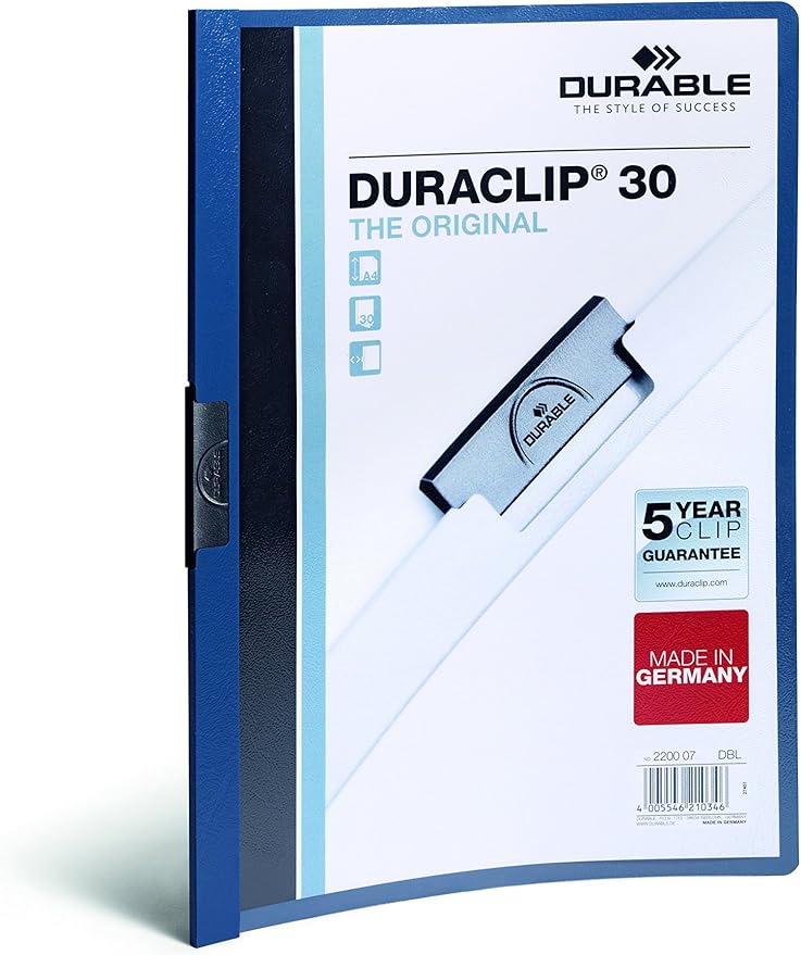 Durable Report Cover with DURACLIP Letter-Size 8.5" x 11" Inches - Holds Up to 30 Pages - Clear Cover and Dark Blue Border - Box of 25