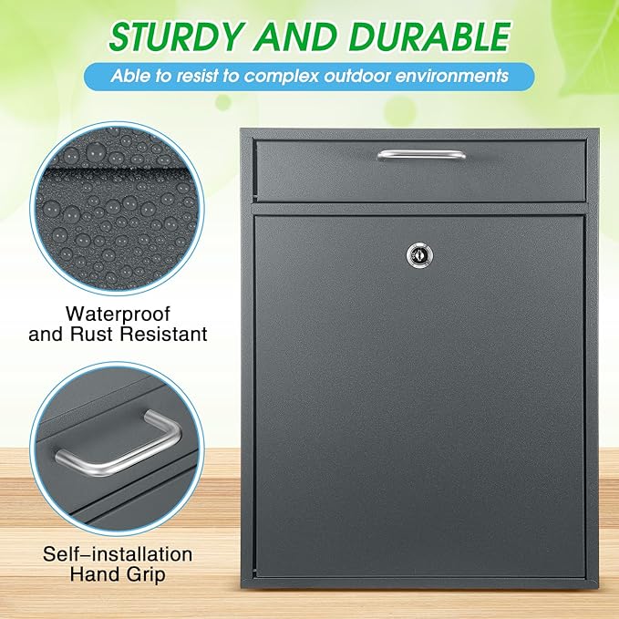 Locking Mailbox with Key for Outdoor 18 x 15 x 7 Inches Large Wall Mount Mail Box with Lock Security Mail Drop Metal Collection Boxes Hanging Secure Postbox(Dark Gray)