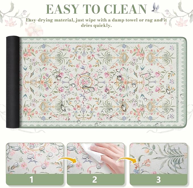 iCasso Desk Cover Mat Green,Extra Large Mouse Pad for Desktop,Anti-Slip Keyboard Pad with Stitched Edges,Cute Floral Computer Mat for Women,Aesthetic Desk Protector for Office Home Dorm