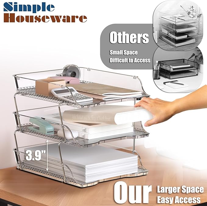 Simple Houseware 3-Tier Crystal Clear Stackable Document Letter Tray Paper Organizer – Desk Organizer for A4/Letter Size Documents, File Sorter, Paper Holder, Office Desktop File Storage, Acrylic Look
