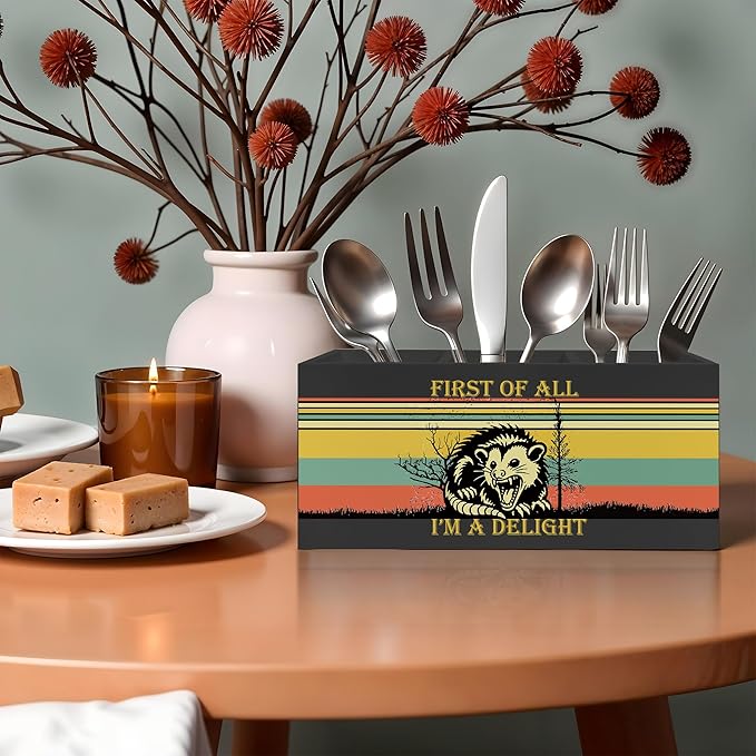 Sarcastic Angry Opossum Pencil Pen Holder for Desk, First of All I'm A Delight Wooden Pencil Holder Organizer for Home Office Desk Accessories, Funny Office Gifts for Women Men