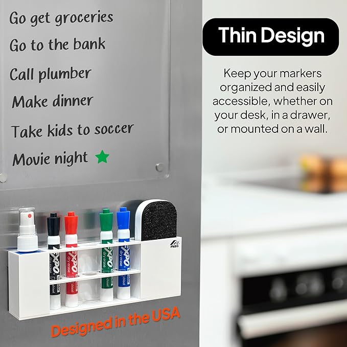 Slim Magnetic Dry Erase Marker Holder for Whiteboard, Space Saving Pen Organizer with Glass and Wall Mount Accessories for Fridge, Office, and School. Markers, Eraser, Cleaner Not Included (White)