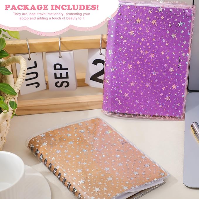 2 Pcs Glitter Star Jelly Cover for Planners and Notebooks Planner Protective Sleeve Glitter Star Cover for Week Planner Notebooks Journal(Transparent and Pink,B6)
