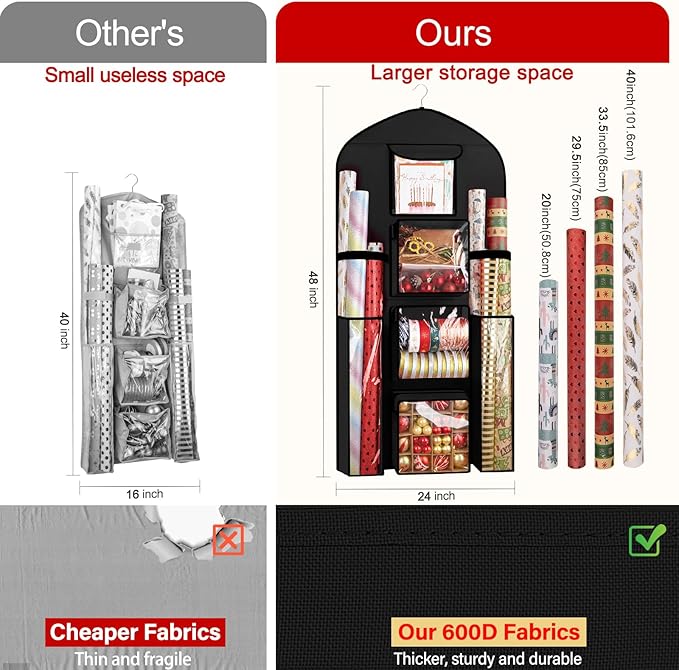 Hanging Gift Wrapping Paper Storage, 48x24 (Extra Large) Black Double-Sided Christmas Wrapper Bag Container, Oxford Long Craft Roll Organizer, Present Wrap Holder for Closet, Door