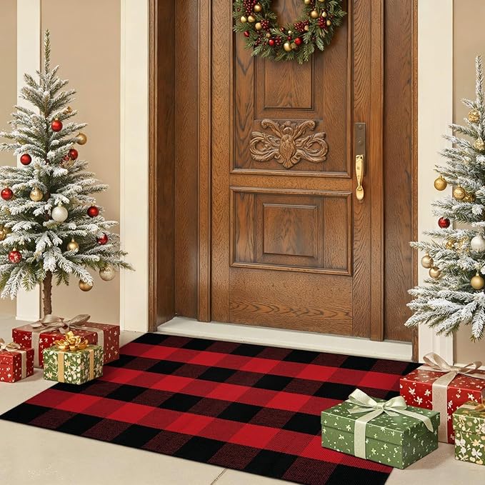 OJIA Christmas Plaid Rug 27.5"x43" Front Door Mats Outdoor, Woven Washable Front Porch Rug Outdoor Door Mat Holiday Welcome Mats Indoor Layered Doormats for Entryway, Home Entrance Decor