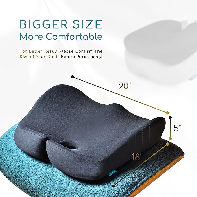 Extra Large Memory Foam Seat Cushions for Office Chairs, Pressure Relief Seat Cushion for Tailbone Pain Relief, Sciatica & Back Pain, Ergonomic Office Chair Cushion for Long Sitting & Driving (Black)