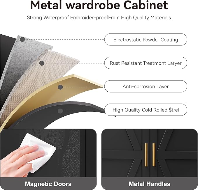 Farmhouse Wardrobe Cabinet with One Drawers,Metal Wardrobe Closet with Hanging Rod,Metal Armoire with Adjustable Shelves for Bedroom,Living Room, Cloak Room,Office (Blue)