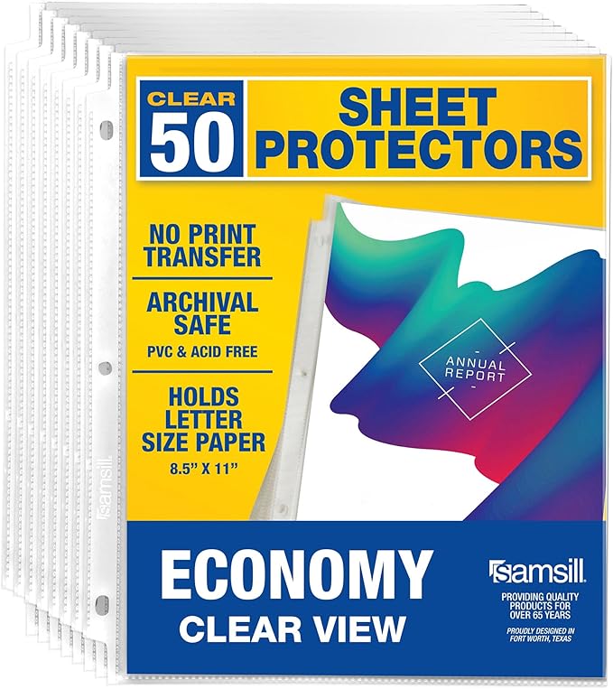 Samsill 50 Pack Sheet Protectors, 8.5x11 Inch Page Protectors for 3 Ring Binder, Standard Weight, Clear Protector, Letter Size, Top Loading, Acid Free