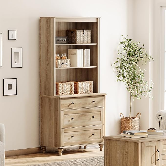 WAMPAT 3 Tier Bookshelf with 3 Drawers, 72" Tall Bookcase Large Farmhouse Display Book Case Shelf with 3-Tier Open Book Shelfs，Library Wood Bookshelves for Living Room,Kitchen, Oak