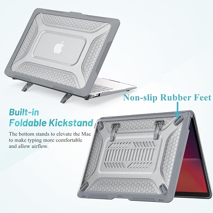 KEROM Heavy Duty Case for MacBook Pro 14 inch 2025-2021 M5 M4 M3 M2 M1 Chip A3434 A3112 A3185 A3401 A2918 A2992 A2779 A2442, Rugged TPU Bumper Hard Shell with Foldable Kickstand & Keyboard Cover, Grey