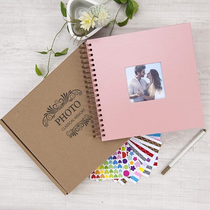 10 x 10 Inch DIY Scrapbook Photo Album with Window Design Cover 80 Pages Craft Paper Memory Book for Weeding Anniversary Travel and Baby (Pink)