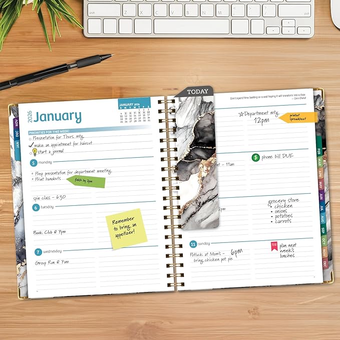 HARDCOVER 2026 Planner, 8.5"x11": 14 Months (November 2025 - December 2026), Daily Weekly Monthly Planner, Yearly Agenda, Bookmark, Pocket Folder and Sticky Note Set (Black Gold Marble)