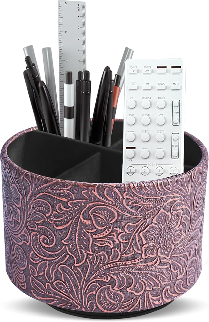 lizimandu Round Leather Art Supply Organizer,Remote Control Holder,360 Degree Spinning,Multi-Functional Pencil Holder,4 Compartments Desktop Stationary Organizer(1-Carved Cooper Red)