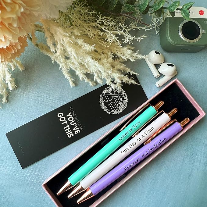 MESMOS Meaningful Sobriety Gifts for Women, 3pk Fancy Pen Set with German-Made Ink, Inspirational Pens, Proud of You Sober Gifts, Sober Affirmation Quote