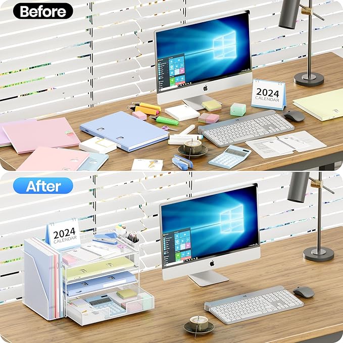 OPNICE Desk Organizer and Accessories, 4-Tier Desktop File Organizer with Drawer and 2 Pen Holders, Office Desk Accessories, File Sorters, Workspace Organizers for Office Supplies(White)