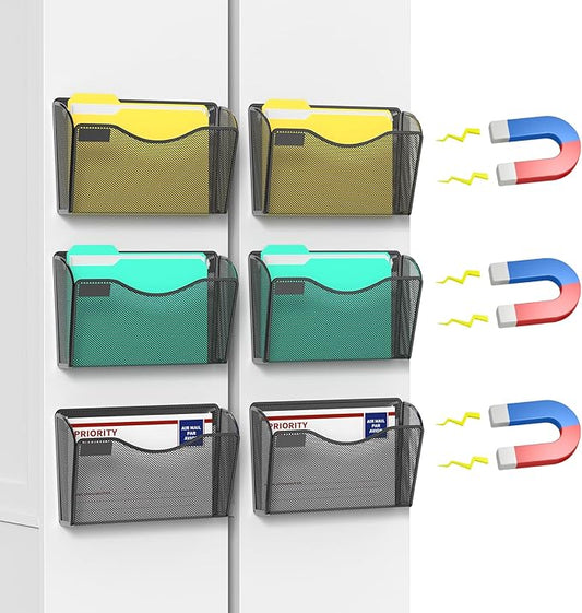 samstar 6 Pack Magnetic File Holder, Mesh Wall File Organizer File Pocket Mail Organizer Paper Folder Holder for Office/Home, No Drilling(Magnetic)