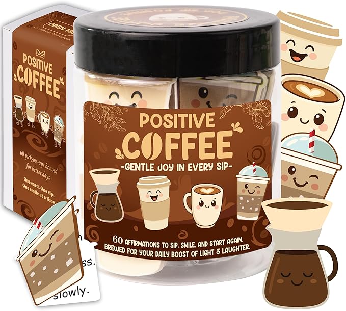 Positive Coffee Affirmation Jar – 60pcs Cute Emotional Support Coffeee – Coffee Gifts for Women, Men– Birthday Gift, White Elephant Gifts for Coworker, Boss, Teacher, Teens, Back to School Gift