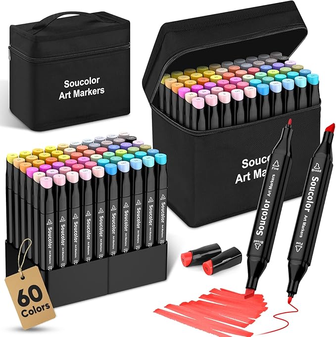 Soucolor Alcohol Markers Set, 60 Colors Dual Tip Art Alcohol Markers, School Office Teacher Supplies for Kids and Adults Coloring Drawing Sketching Book Painting Card Making Illustration