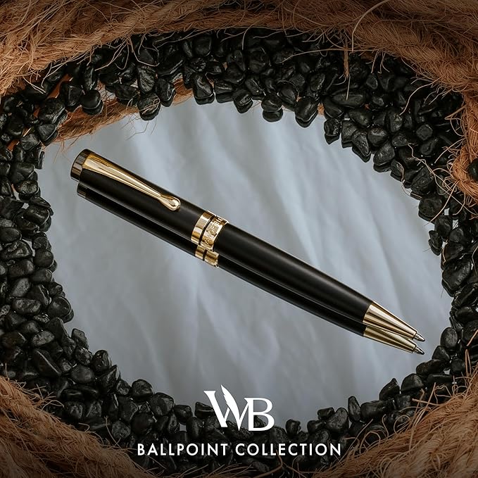 Wordsworth and Black Ballpoint Pen Set - Stunning Luxury Pen Bamboo Blackwood Gold Finish, Refillable, Best Ball Pen for Men & Women, Black Ink Refill, Elegant, Point Pen