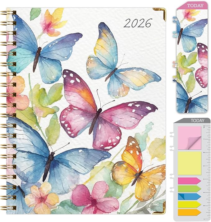HARDCOVER 2026 Planner, 7"x9": 14 Months (November 2025 - December 2026), Daily Weekly Monthly Planner, Yearly Agenda, Bookmark, Pocket Folder and Sticky Note Set (Watercolor Butterflies)