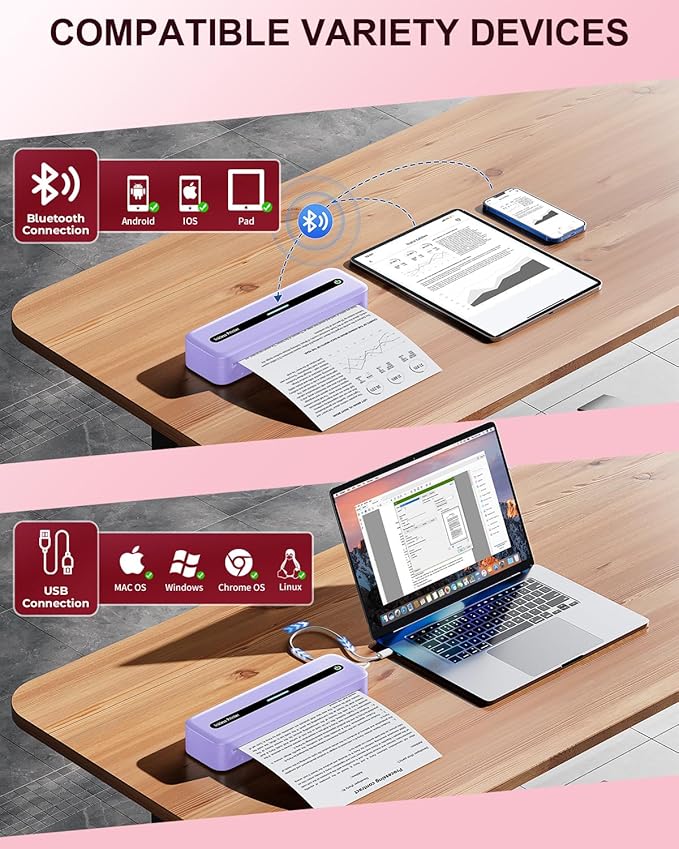 COLORWING Portable Printers Wireless for Travel, 300DPI Mini Compact Inkless Printer, Thermal Bluetooth Printer Compatible with Android and iOS Smartphone & Tablet & Laptop - Purple