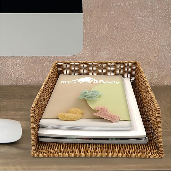myHomeBody Wicker Paper Organizer, Letter Tray, Paper Organizer for Desk, Resin Wicker 1 pc, Tan
