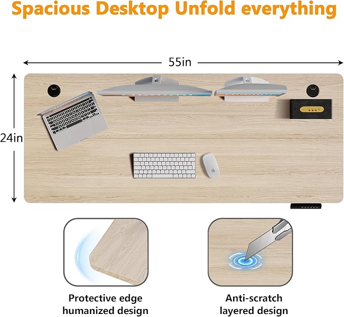 Himimi Electric Standing Desk 55 x 24 inch for Home Office,Sit-Stand Adjustable Desk with Memory Presets,Height Adjustable Desk for Gaming/Working,Free Hook, Lockable Wheels,Mouse Pad,Oak