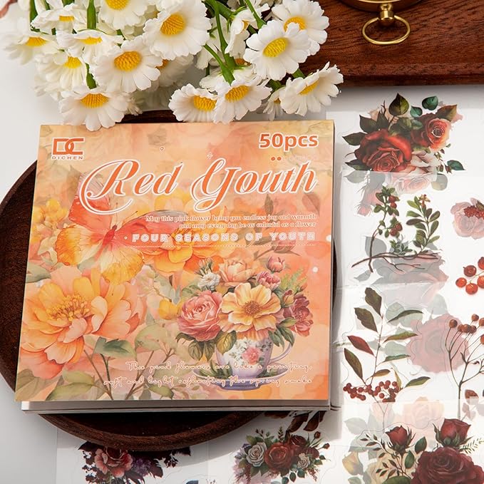 Red Flower Theme Sticker Scrapbooking Supplies for Junk Journal 50 Sheets, Include 25 PET Stickers and 25 Paper of Scene Material Paper - Vintage Journaling Stickers (TZ-006-007)