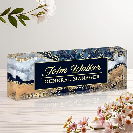 Ship Next Day Personalized Name Plate for Desk, Custom Acrylic Desk Name Sign, Office Appreciation Gifts for Women Men Coworkers Boss Teacher Employee (Navy Coast)