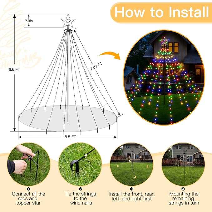 Christmas Tree Lights 340LED with Topper Star, IP67 Waterproof Remote Control Waterfall Lights with Pole, 16 Modes 3 Timers Dimmable Christmas Decorations for Outdoor Yard (Multicolored)