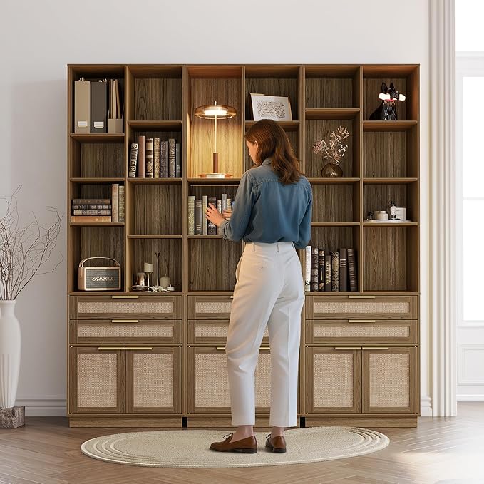 Bookshelf with 2 Drawers and Doors, 73 Inch Rattan Tall Bookcase with 4-Tier Storage Shelves, Wooden Book Shelf for Home Office, Light Oak