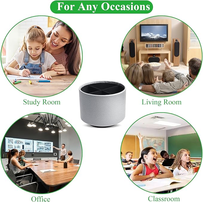 Hennaja Round Leather Art Supply Organizer,Remote Control Holder,360 Degree Spinning,Multi-Functional Pencil Holder,4 Compartments Desktop Stationary Organizer(1-Lichee Silver)