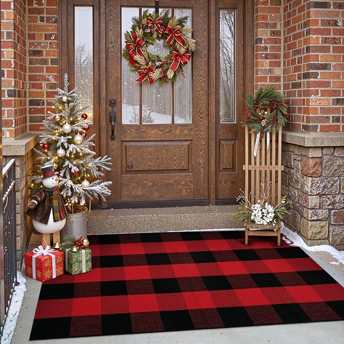 OJIA Christmas Outdoor Rug 3'x5', Red Plaid Front Door Mat Outdoor Area Rug Washable Cotton Outside Door Mats Layered Doormats Cotton Floor Carpet for Porch/Patio/Farmhouse/Entryway/Kitchen/Foyer