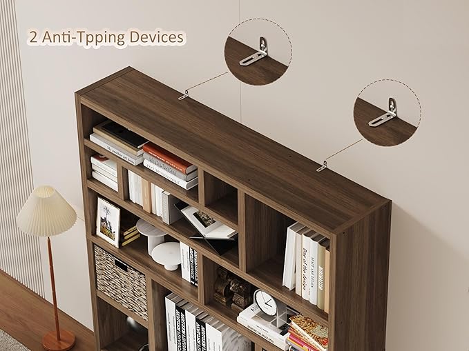 BLANKSPACE 71'' H 6-Tier Large Bookcase, Heavy Duty Storage Shelf - Freestanding Organizer for Bedroom 2 Woven Baskets, Home Office, Living Room, Brown Walnut