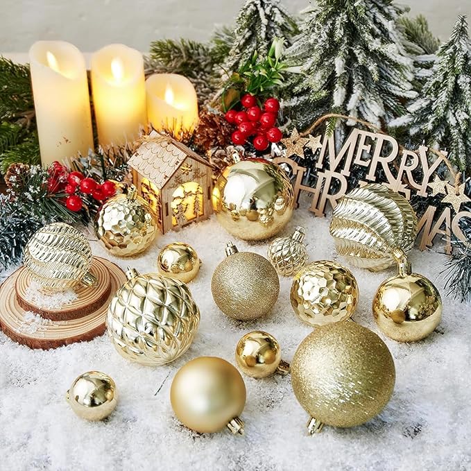 Christmas Balls Ornaments -36pcs Shatterproof Christmas Tree Decorations with Hanging Loop for Xmas Tree Wedding Holiday Party Home Decor,6 Styles in 3 Sizes（Gold）