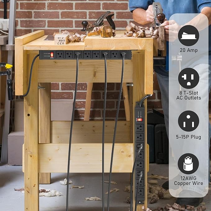 JUNNUJ 20 Amp Power Strip Heavy Duty 2 Pack, 4800J Surge Protector Metal Power Bar Multi Angle Mount, 20A Garage 8 Outlet Shop 6-20R T-Slot, 5-15P Adapter 12 Gauge Extension Cord 15 ft for Appliance