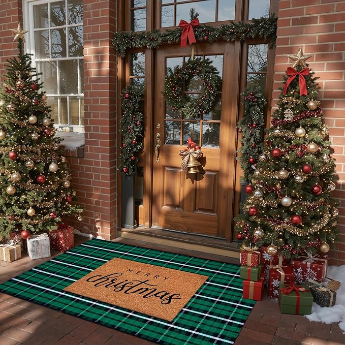Christmas Door Mat Outdoor 35"x59", Green/Black Buffalo Plaid Front Porch Rug Cotton Hand-Woven Washable Layered Door Mats,Reversible Checkered Floor Rugs for Home Decor Outside
