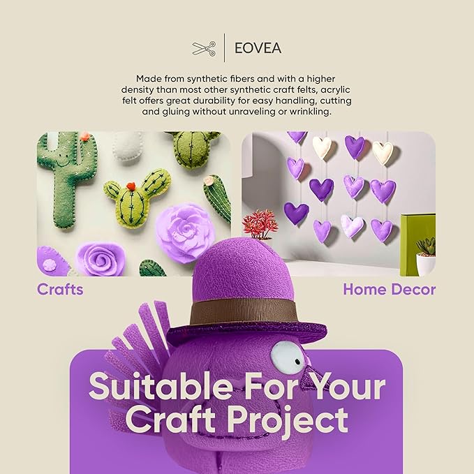 EOVEA | Acrylic Felt Fabric by The Yard - Non-Stiff, Soft Material - 72" Wide - 1.6mm Thick Felt Sheets for DIY Crafts, Sewing, Upholstery, Cushion, Padding(Lavender, 2 Yard)