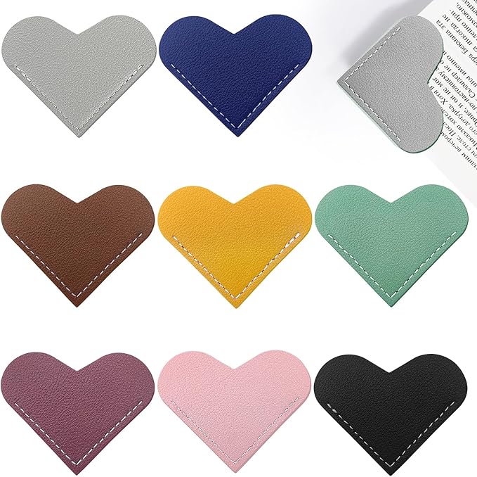 8Pcs Leather Heart Bookmarks,Cute Corner Page Book Marks,Book Accessories for Kids Women Book Lovers Teachers,Handmade Reading Gifts