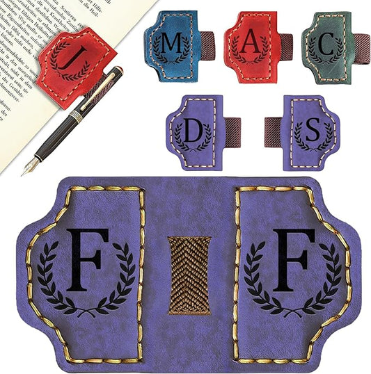 Bygone Mark Bookmark with Pen Holder, 26 Letters Name Initial Personalized Magnetic Bookmarks, Leather Book Mark for Men Women, Travelers Accessories, Teachers Readers Book Lovers Gifts (Purple, F)