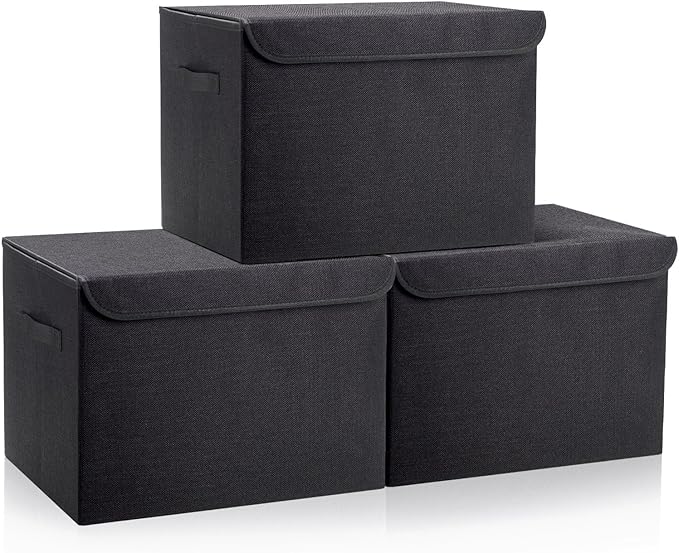 Large 17" 42 Quarts Collapsible Stackable Storage Bins with Lids [3-Pack] Foldable Fabric Linen Storage Boxes Cube, Closet Organizer Baskets with Label (16.7 x 12 x 12", Black)